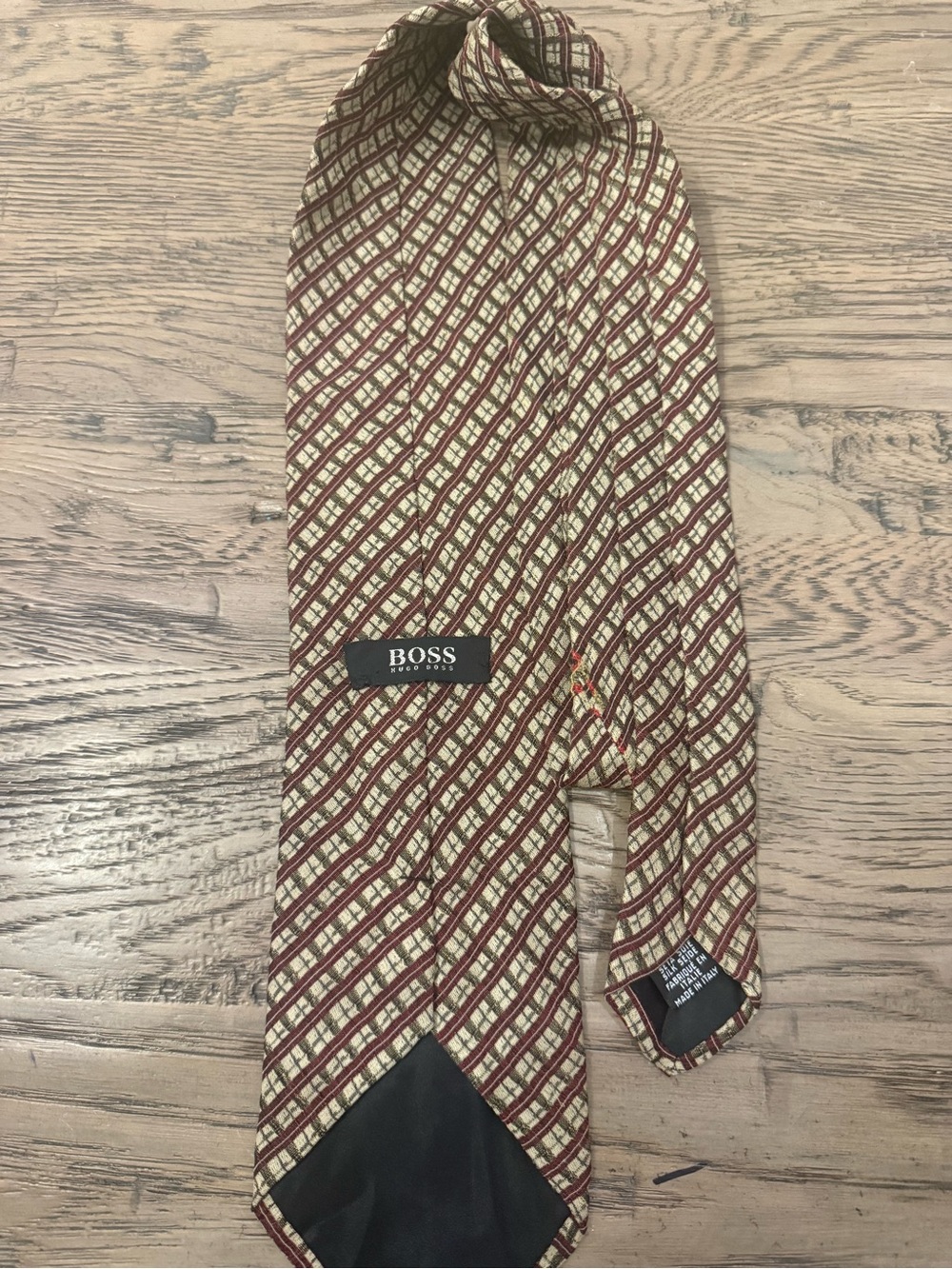 Hugo Boss Cream and Brown Plaid Silk Blend Tie